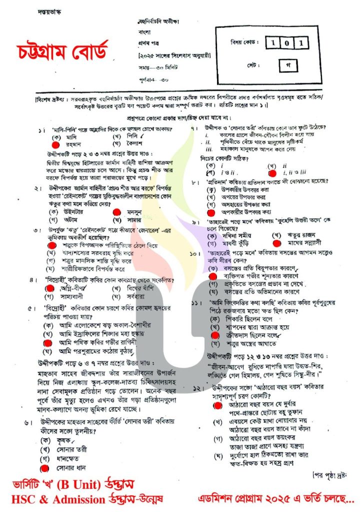 Chittagong Board HSC Bangla 1st Paper Answer 2025