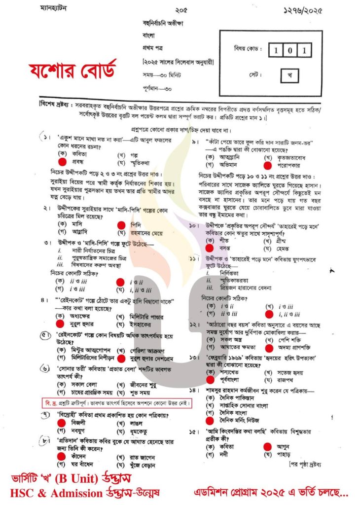 Jessore Board HSC Bangla 1st Paper MCQ Answer 2025