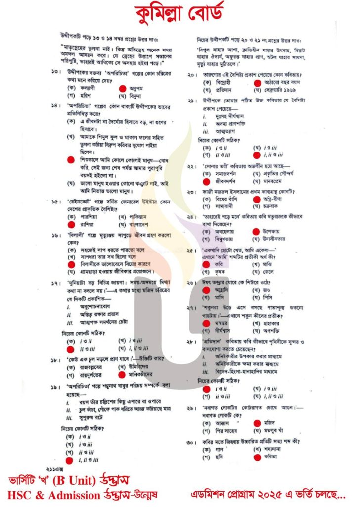 Cumilla Board HSC Bangla 1st Paper MCQ Answer 2025
