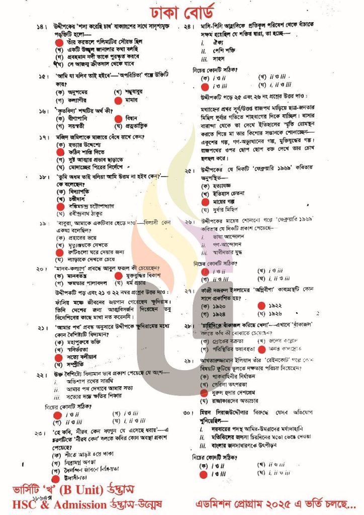 Dhaka Board HSC Bangla 1st Paper MCQ Answer 2025