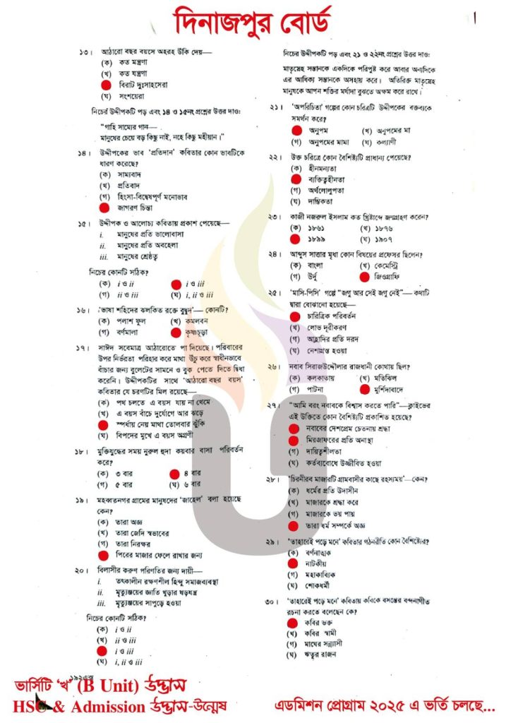 Dinajpur Board HSC Bangla 1st Paper Answer 2025