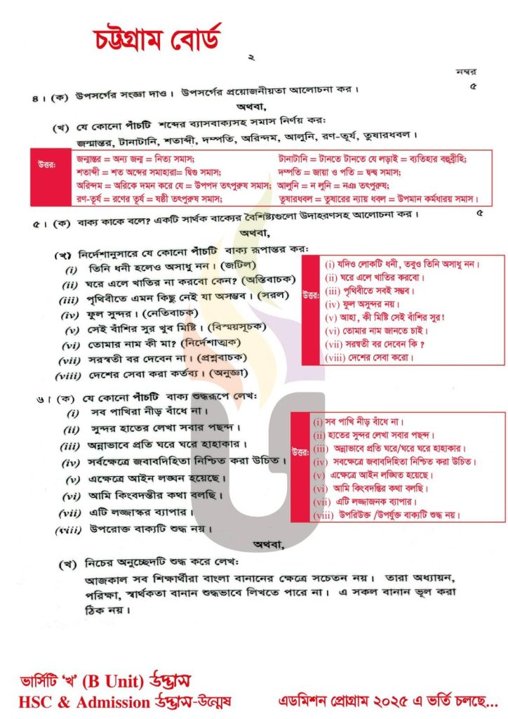HSC 2025 Bangla 2nd Paper Answer Chittagong Board