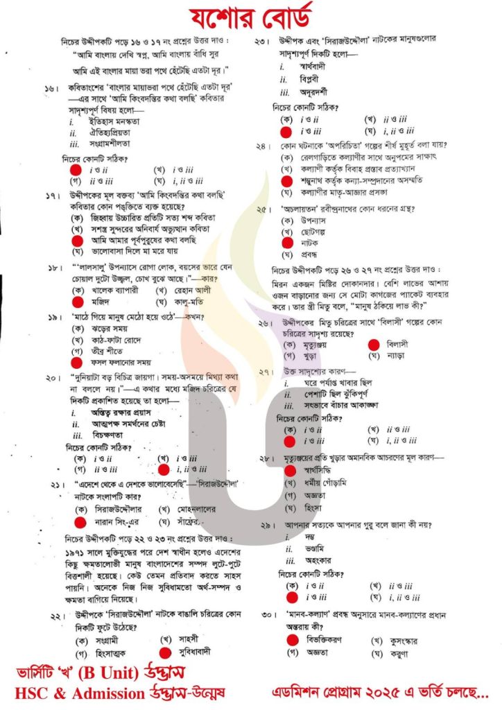 Jessore Board HSC Bangla 1st Paper MCQ Answer 2025