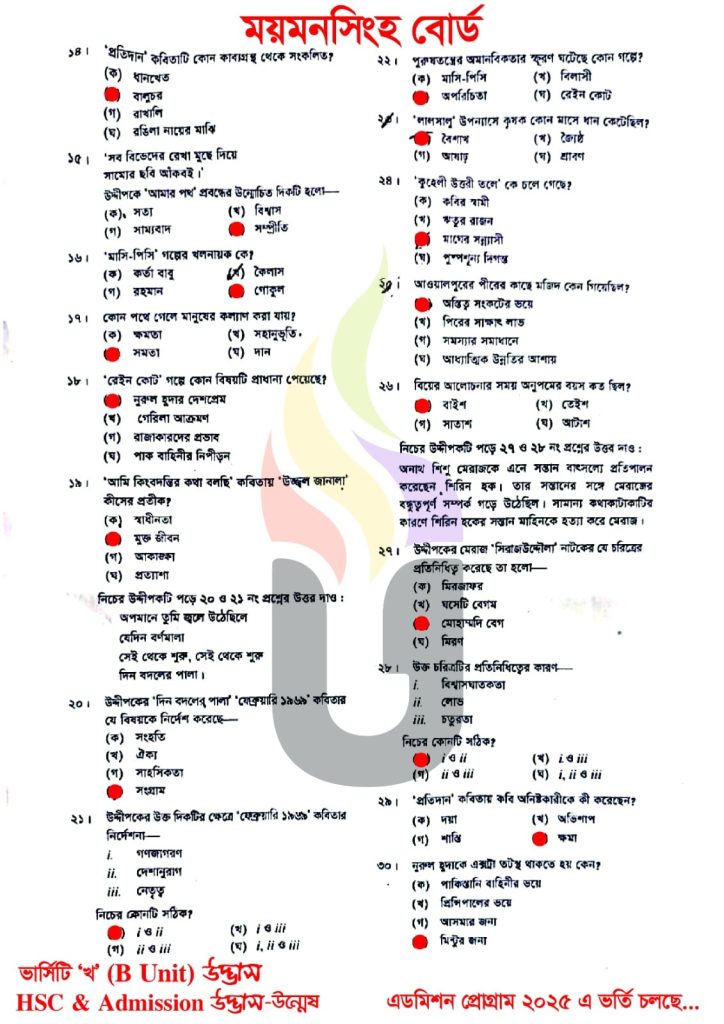 Mymensingh Board HSC Bangla 1st Paper Answer 2025