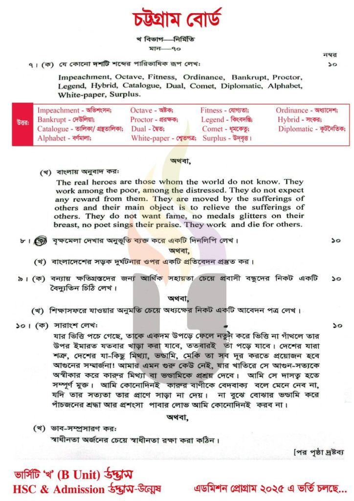 HSC 2025 Bangla 2nd Paper Answer Chittagong Board