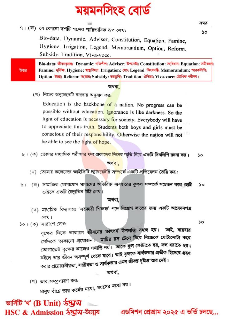 HSC 2025 Bangla 2nd Paper MCQ Answer Mymensingh Board