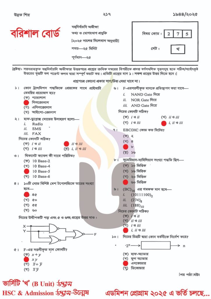 Barisal Board HSC 2025 ICT MCQ Solution