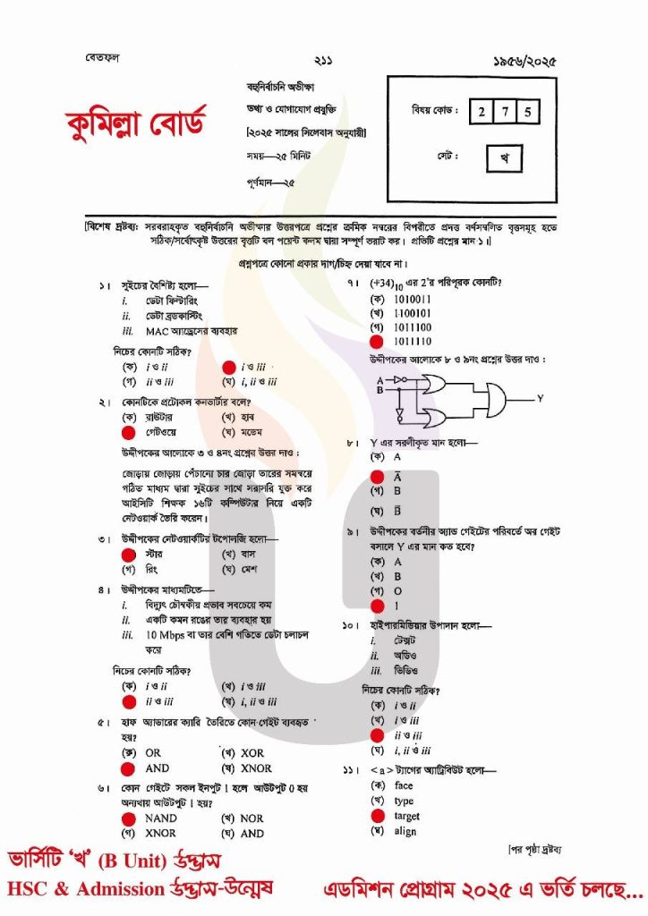 Cumilla Board HSC 2025 ICT MCQ  Solution