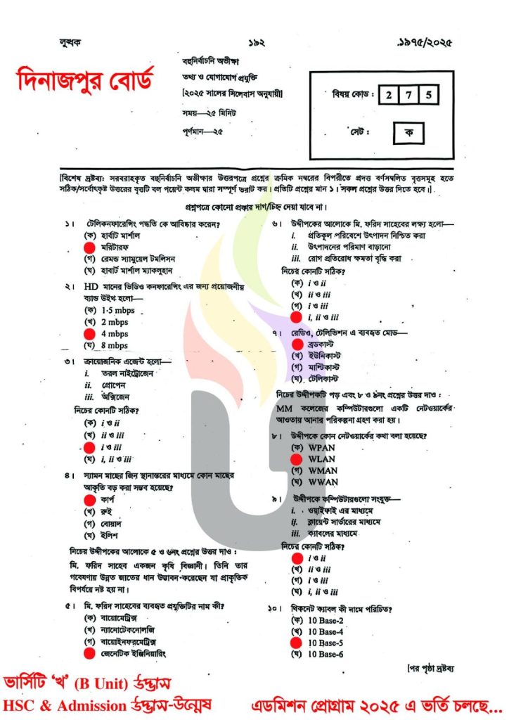 Dinajpur Board HSC 2025 ICT MCQ Solution