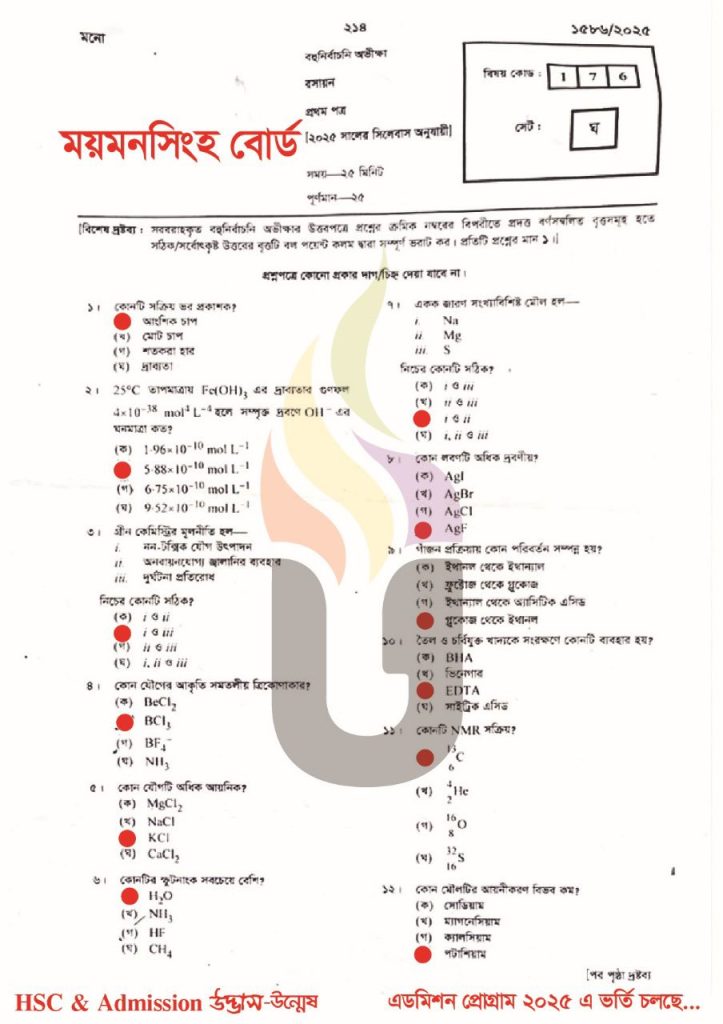 Mymensingh Board HSC 2025 Chemistry 1st paper Solution