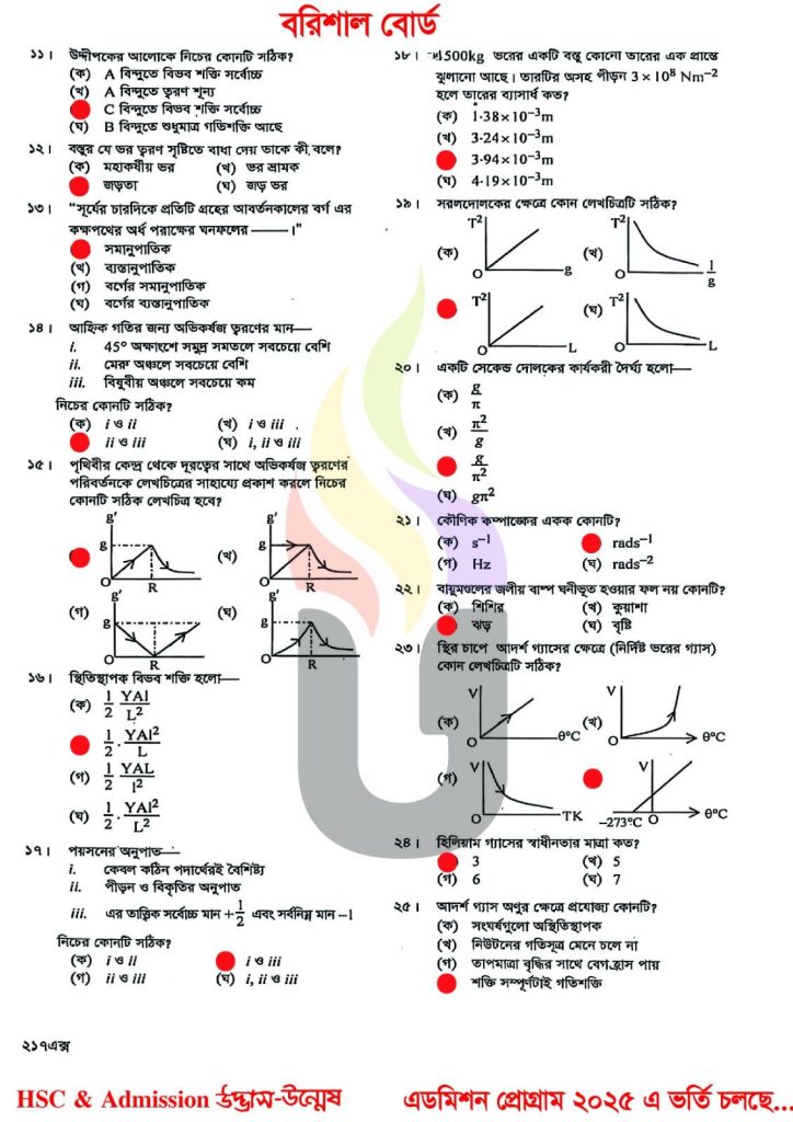 Barishal Board HSC 2025 Physics-1st paper Solution