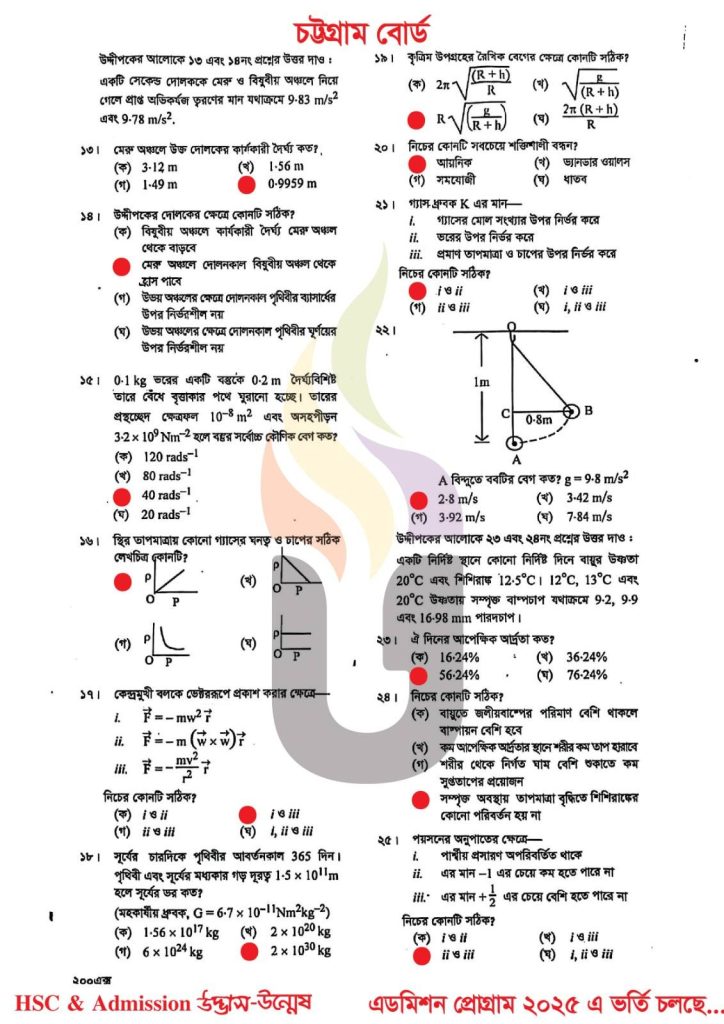 Chittagong Board HSC 2025 Physics 1st Paper MCQ Solution
