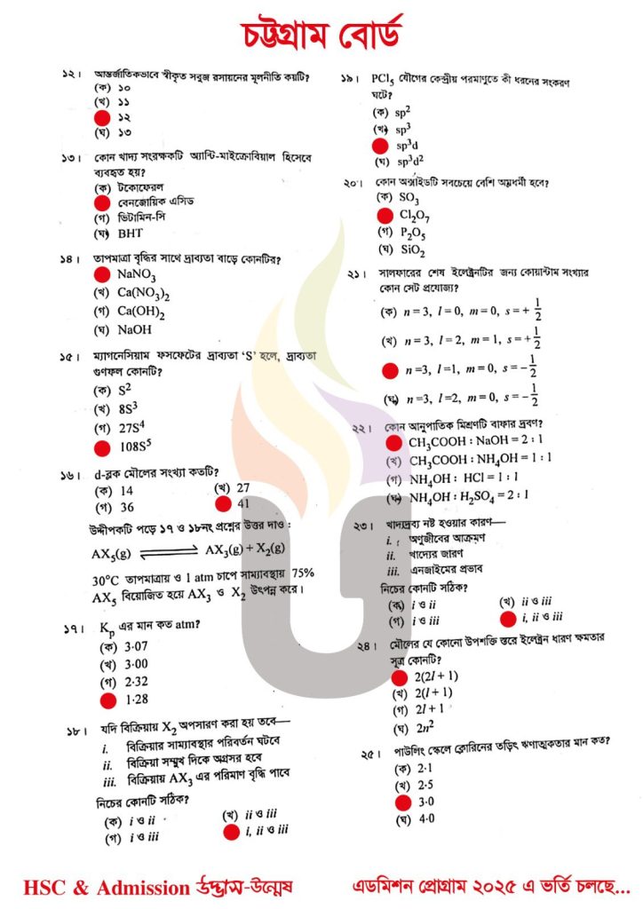Chittagong Board HSC Chemistry 1st paper Solution 2025